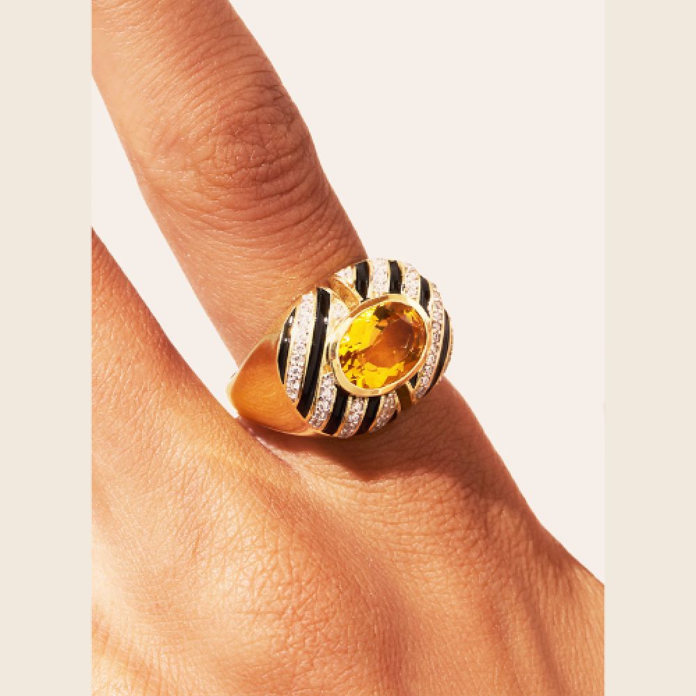 BE MAAD H25 Bague Règne animal Zèbre Quartz Coloré jaune Email Noir – Image 2
