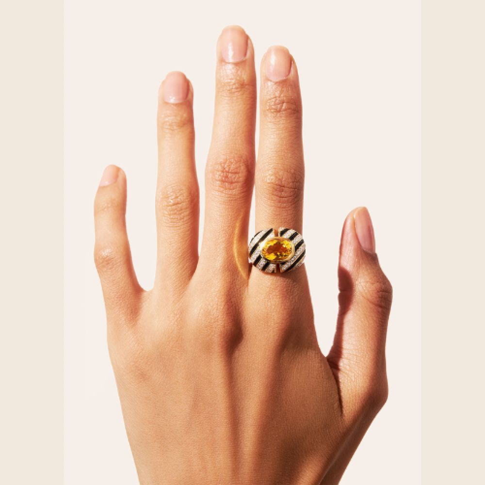 BE MAAD H25 Bague Règne animal Zèbre Quartz Coloré jaune Email Noir – Image 3