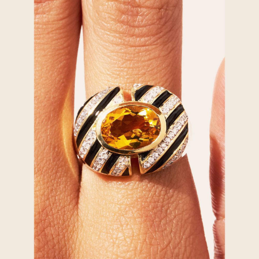 BE MAAD H25 Bague Règne animal Zèbre Quartz Coloré jaune Email Noir – Image 4