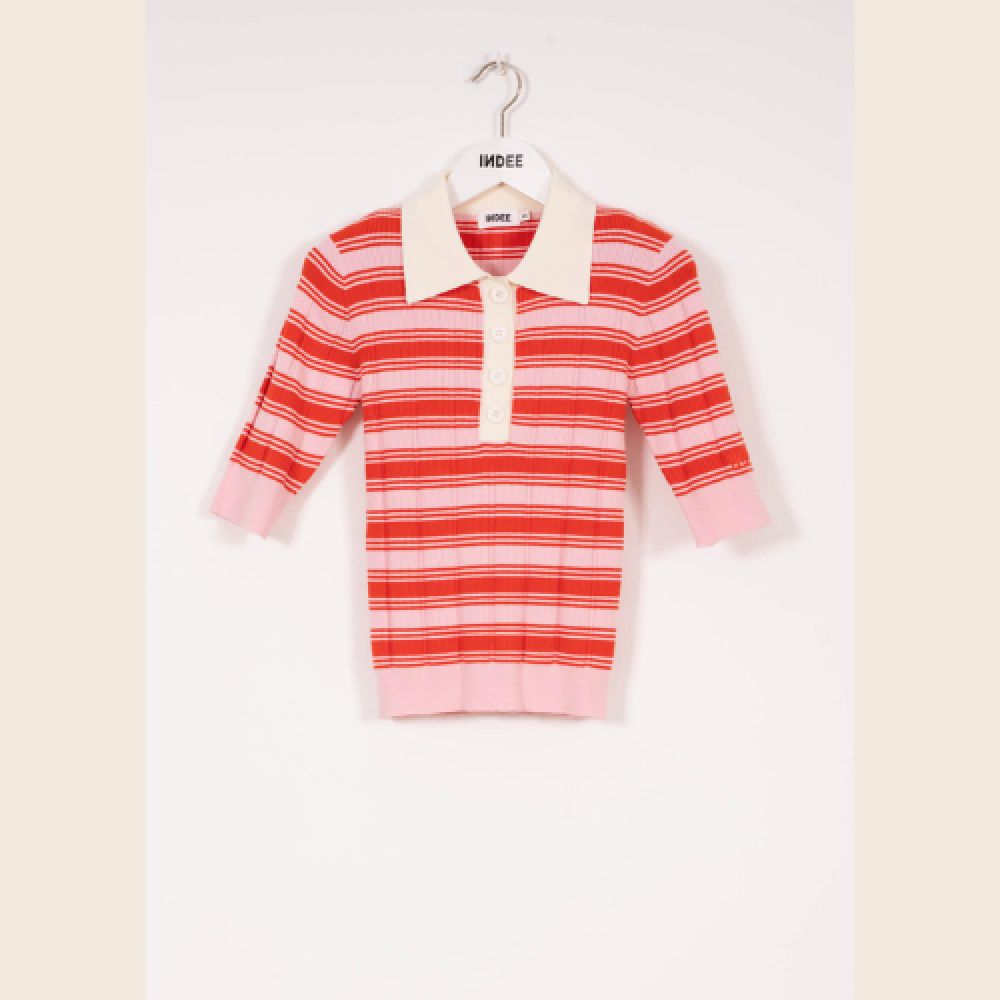 INDEE S26 Pull Rayé Col Polo Rose – Image 4